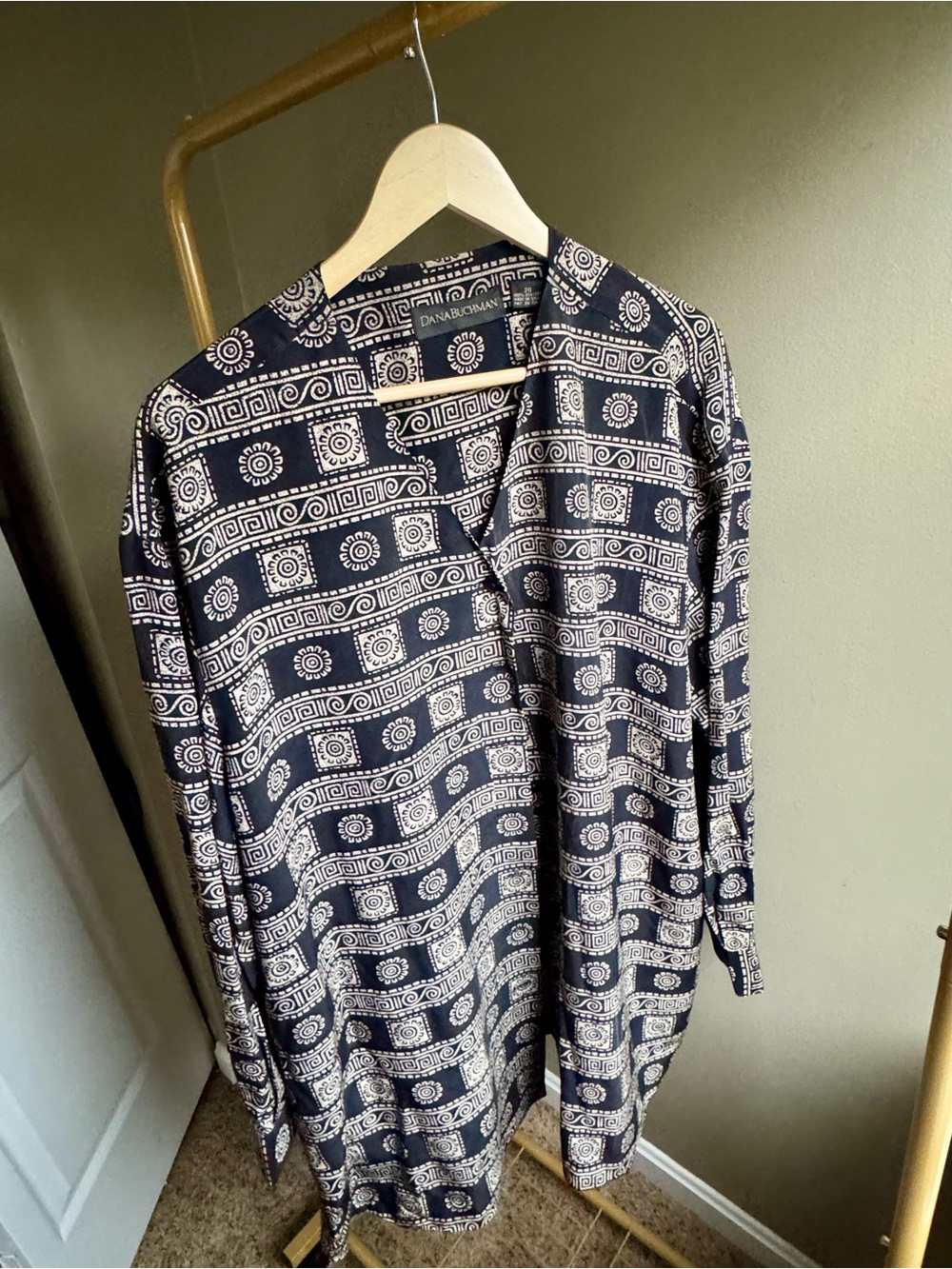 Dana Buchman Navy & Cream Silk Printed Open Front Button down Blazer Jacket